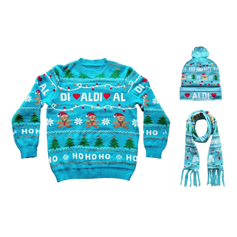 Aldi Christmas New-Arrival Blue Jacquard Pullover Sweater Scarf Hat Set – Sweater and Knitwear price