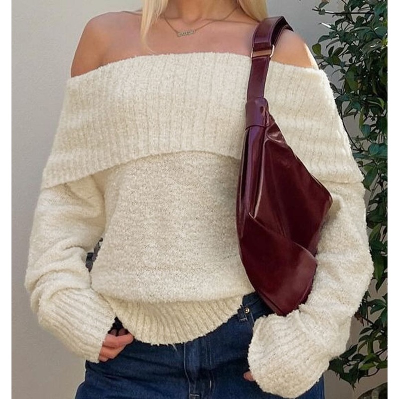 Fashion off-Shoulder Sweater Women Lazy Chic Knit Top Loose Pullover Long Sleeve Casual – Sweater and Pullover price