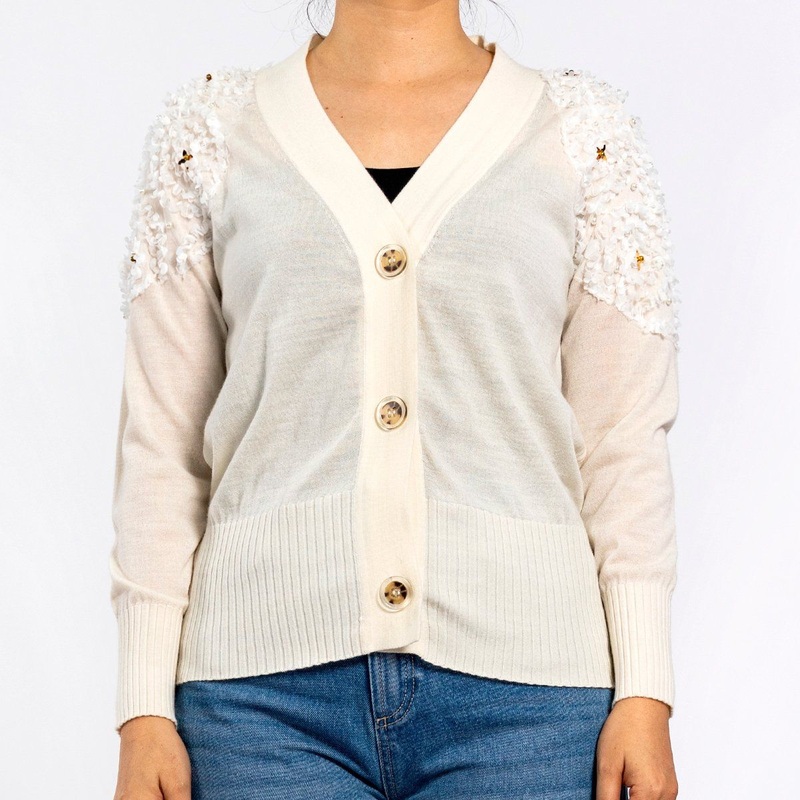 Spring Knitted V-Neck Three-Dimensional Handmade Flowers Long Sleeved Beige Cardigan for Women – Sweater for Women and Knit Tops price