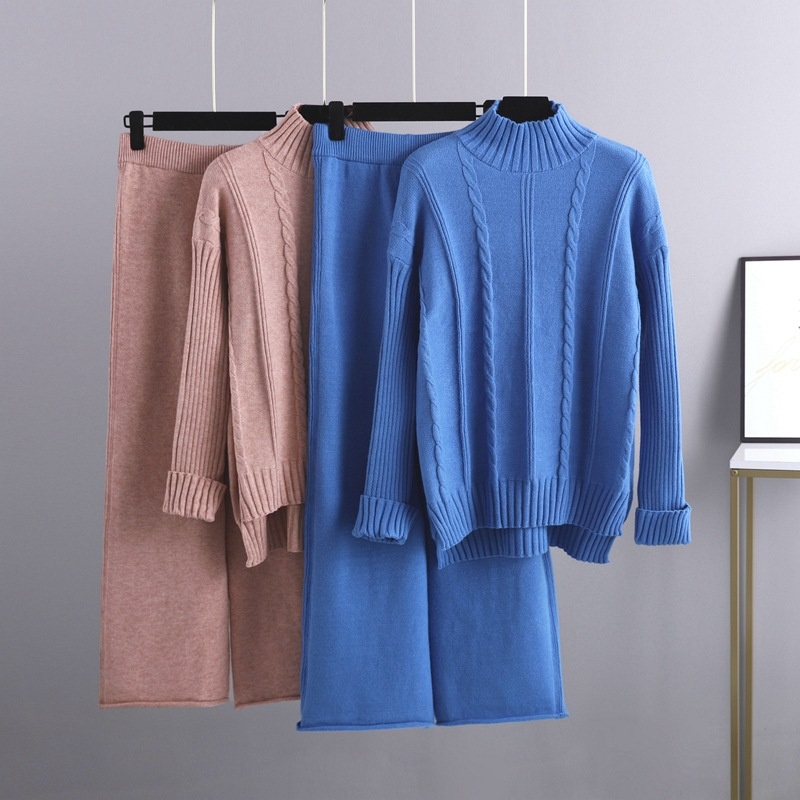 Turtleneck Knitwear Wide-Leg Trouser Suit Women Autumn Winter Fashion Knit Two-Piece Sweater Set – Women Sweater Set and Women Sweater price