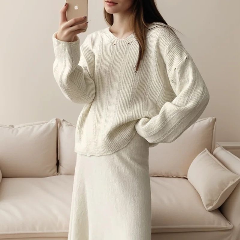 V-Neck Long Knit Set Women Two Piece Cardigan & Slip Dress Outfit Loose Fit Lazy Chic – Sweater and Pullover price