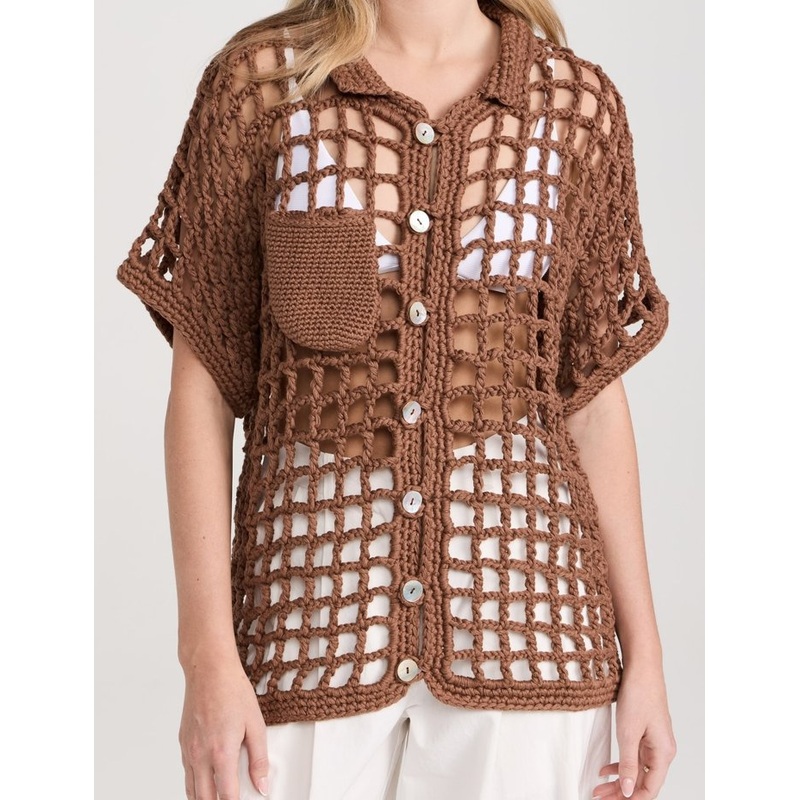 Womens MID-Weight Crochet Collared Neck Short Sleeves Semi Sheer Top, with Button Placket – MID Weight Crochet Top and Semi Sheer Top price