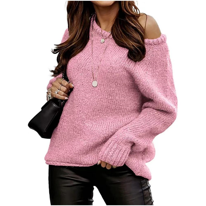 Autumn and Winter off Shoulder Sexy Round Neck Pullover Knit Solid Color Casual Loose Size Sweater for Women – Womens Pullover Sweater and Womens Cardigan Sweater price