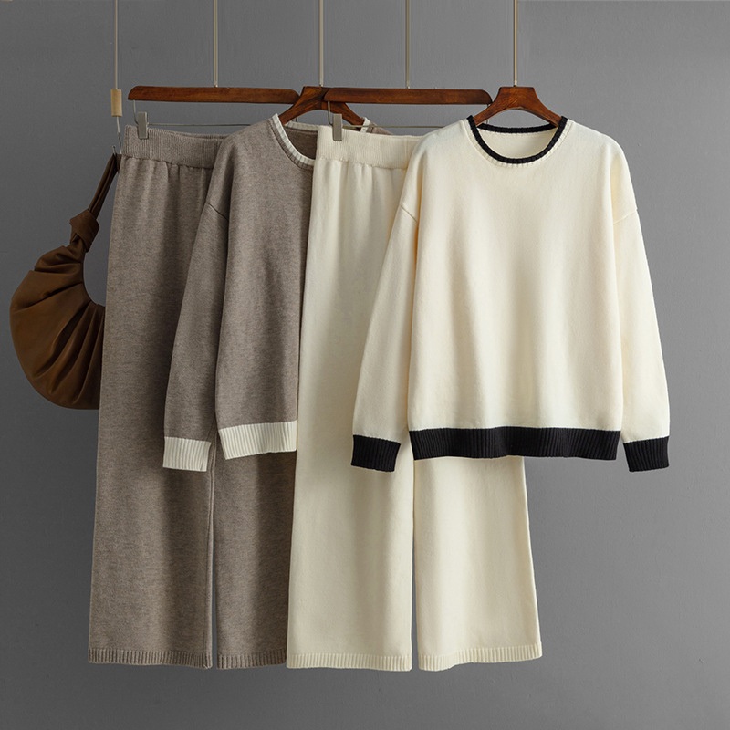 Classic Lazy Loose Autumn Winter Color Contrast Blocking Crew-Neck Knitwear Thin Wide Leg Pants Two-Piece Set Women Sweater Set – Women Sweater Set and Women Sweater price