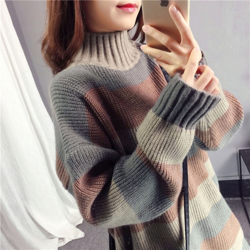 Color Block Half Turtleneck Knitted Pullover Sweater Women Winter Wide Striped Sweater – Ladies Sweater and Crochet Sweater price