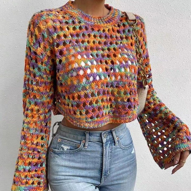 Crochet Crop Top Sweater Knitwear Women Hollow out Pullover Long Sleeve Sexy Boho Knitted Top Pink Custom – Crochet Sweater and Crop Top price