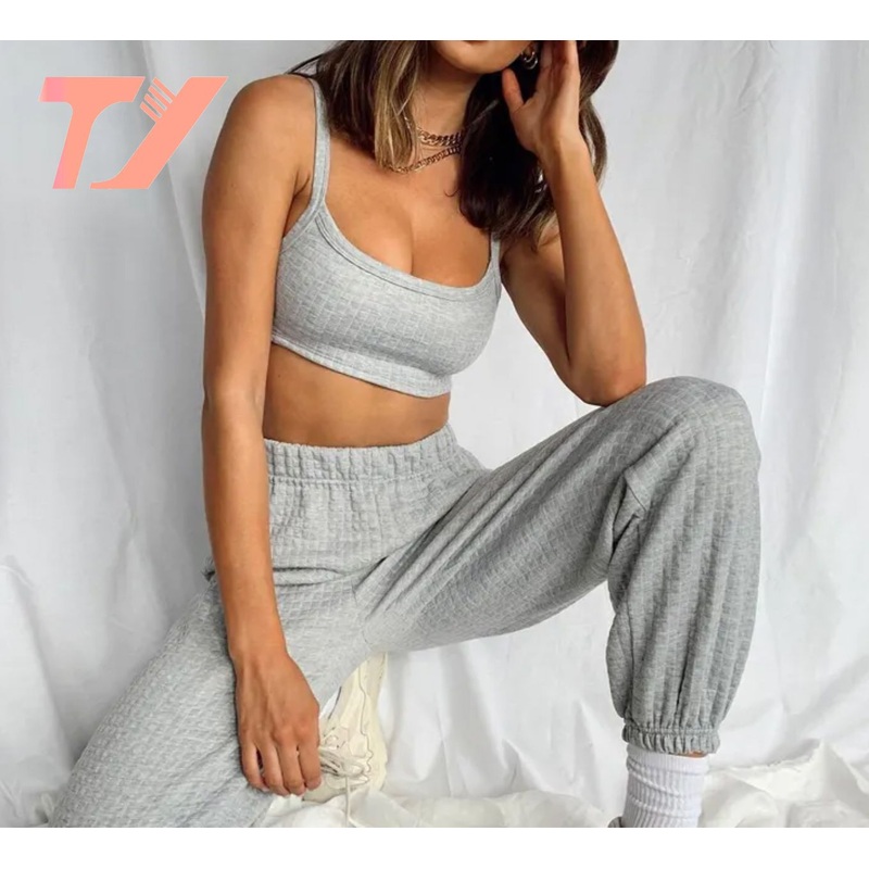 Custom Logo Womens Sweatpants and Hoodie Set Waffle Knit Fabric Crop Tops Jogger Set Women Tracksuit Set – Jogger Set and Womens Sweatpants price