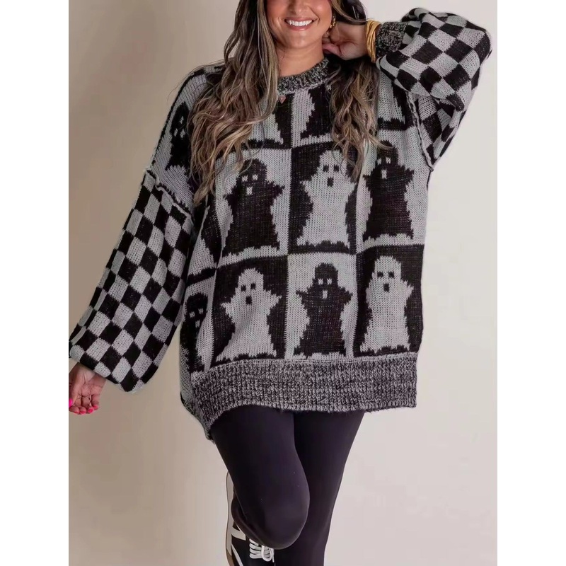 Halloween Sweaters Spooky Season Jumper Checkered Ghost Jack O Lanterns Pumpkins Knitted Sweater for Women – Sweater and Halloween Sweater price