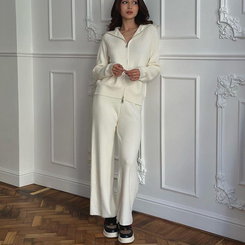 Knit Set Women Lounge Wear Two Piece Outfit Cropped Jacket + Wide Leg Pants Casual – Sweater and Pullover price