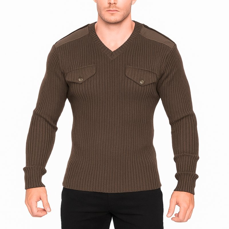 New Rich Men S V-Neck Brown 100% Acrylic Tactical Pullover Sweater – Sweater and Pullover Sweater price