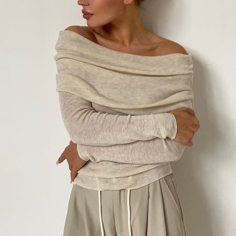 off-Shoulder Long Sleeve Knit Top Womens Slim Fit Solid Color Pullover Spring Fashion Casual Elegant Sweater – Sweater and Jumper price