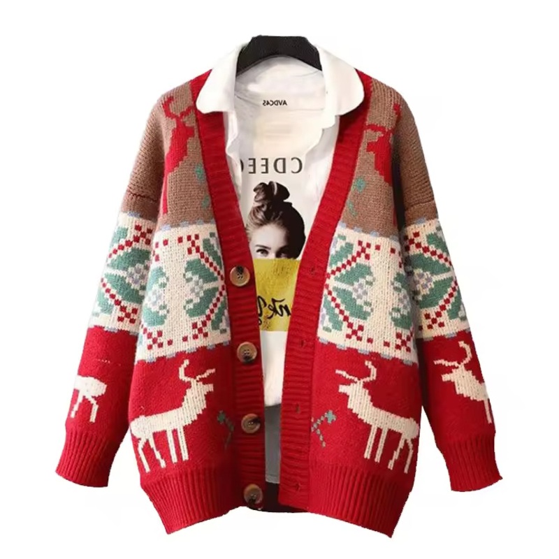 Spring Autumn Jacquard Coat Thick Loose Single Breasted Knitted Cardigan Christmas Sweater – Womens Sweater and Christmas Sweater price