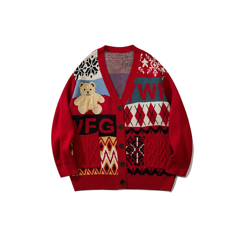 Unisex Retro American Style Cartoon Bear Knitted Cardigan Long-Sleeved V-Neck Sweater – Long-Sleeved V-Neck Sweater and Cartoon Bear Knitted Cardigan price|<span style="color:|000000;"><span><span><span>M-L-XL-XXL