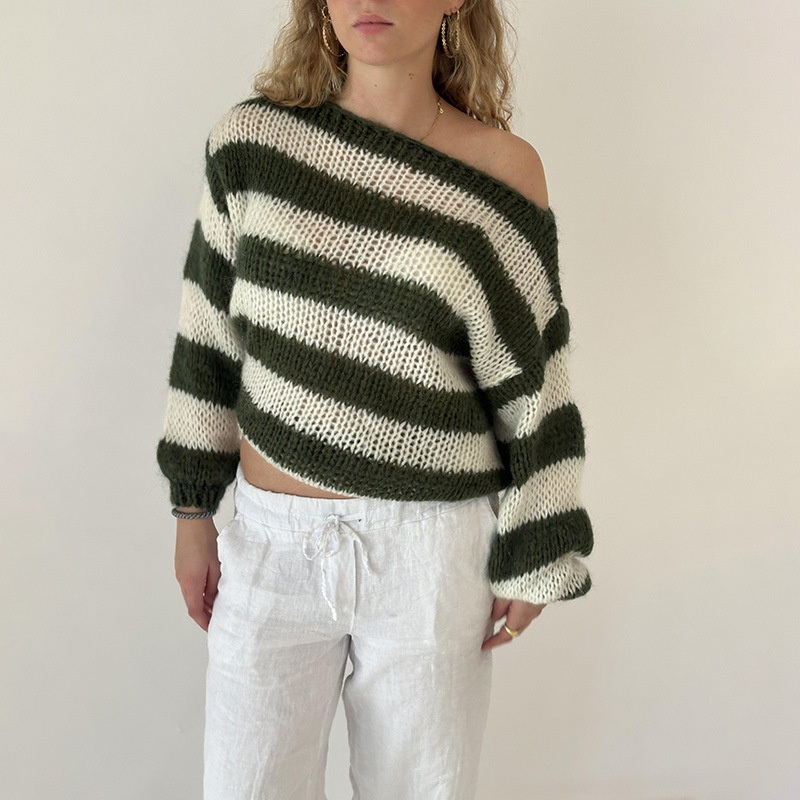 Winter Custom Plus Size Loose Knitwear Clothing Women Round Neck Stripes Loose Lazy Long-Sleeved Sweater – Boob Tube Top and Women Sweater price