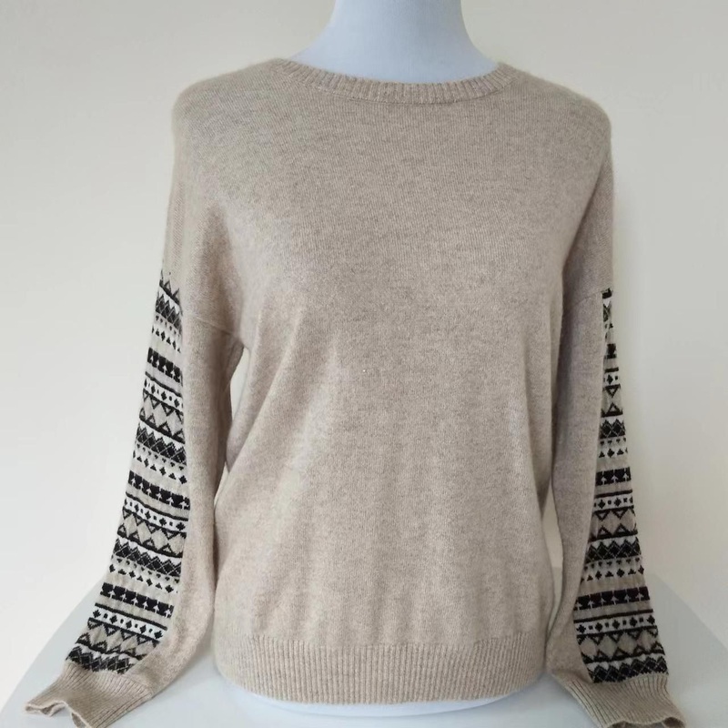 Womens Spring Jumper 100% Cashmere Pullover Sweater with Jacquard Sleeves. – Jacquard Pullover Sweater and Cashmere Jacquard Pullover Sweater price