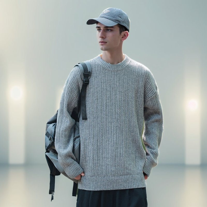 2024 Thick Needle Pit Stripe Solid Color Sweater Mens Autumn and Winter Casual Loose Versatile Line Ribbed Jumper Sweater for Men – Knitted Hollow out Pullover Sweater Jumper Tops and Solid Color Sweater price
