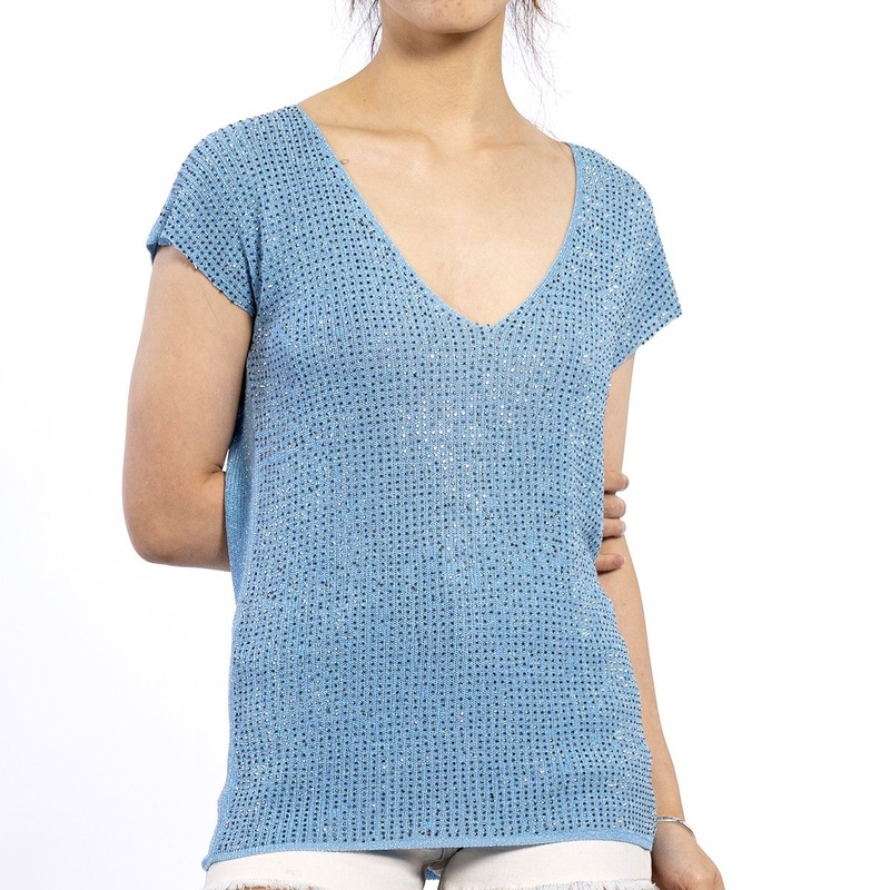 Custom Deep V Neck Shining Rhinestone Printed Blue Knitted Short Sleeve Women Shirts – Cardigan and Women Cardigan price