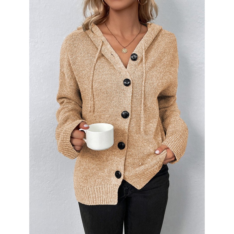 New Style Solid Color Hooded Single Breasted Sweater Womens Autumn and Winter Drawstring Knitted Cardigan Jacket OEM – Breasted Sweater and New Style Sweater price