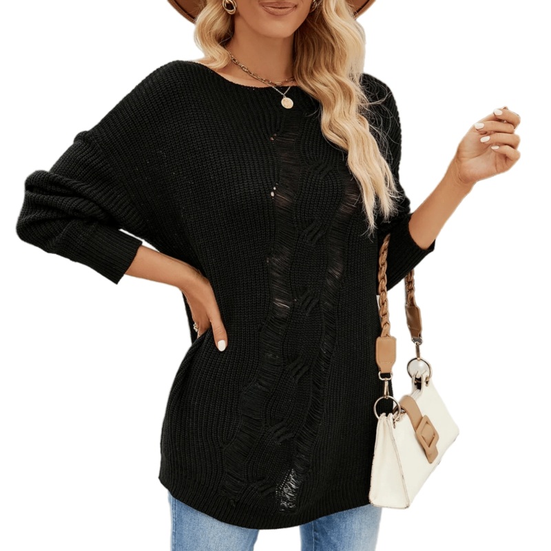 Stylish Distressed Black Knit Sweater for Women&rsquor; S Casual Fashion – Trendy Sweater and Distressed Black Sweater price