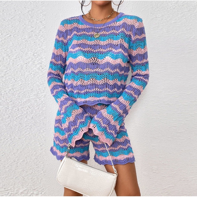 Two-Piece Spring Summer Hollow out Knitwear Clothing Beach Holiday Fashion Rainbow Colorful Crew-Neck Striped Thin Sweater Set – Striped Sweater Set and Women Sweater price