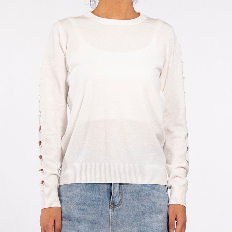 White Knit Crew Neck Cutout Long Sleeve Spring Women Pullover Sweater – Sweaters Women Tops and Wholesale Sweater Women price