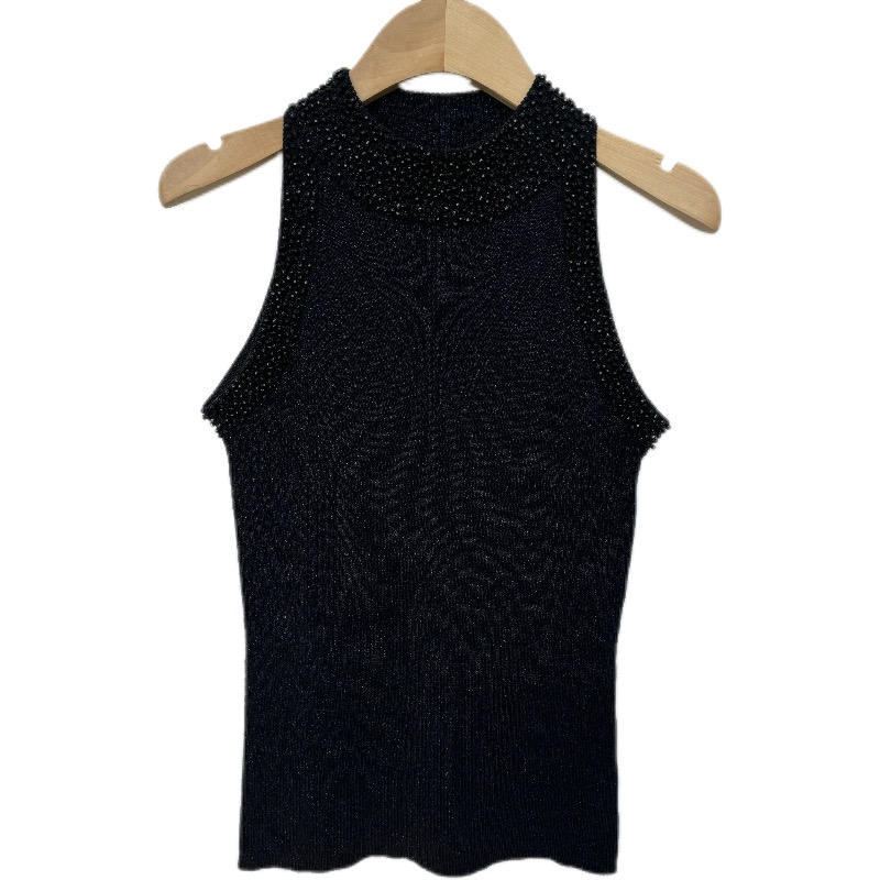 Womens Casual Knitwear Sweater Ice Filigree Yarn Wide Neck Hem Beading Vest Print Pattern Decoration – Vest and Sweater price