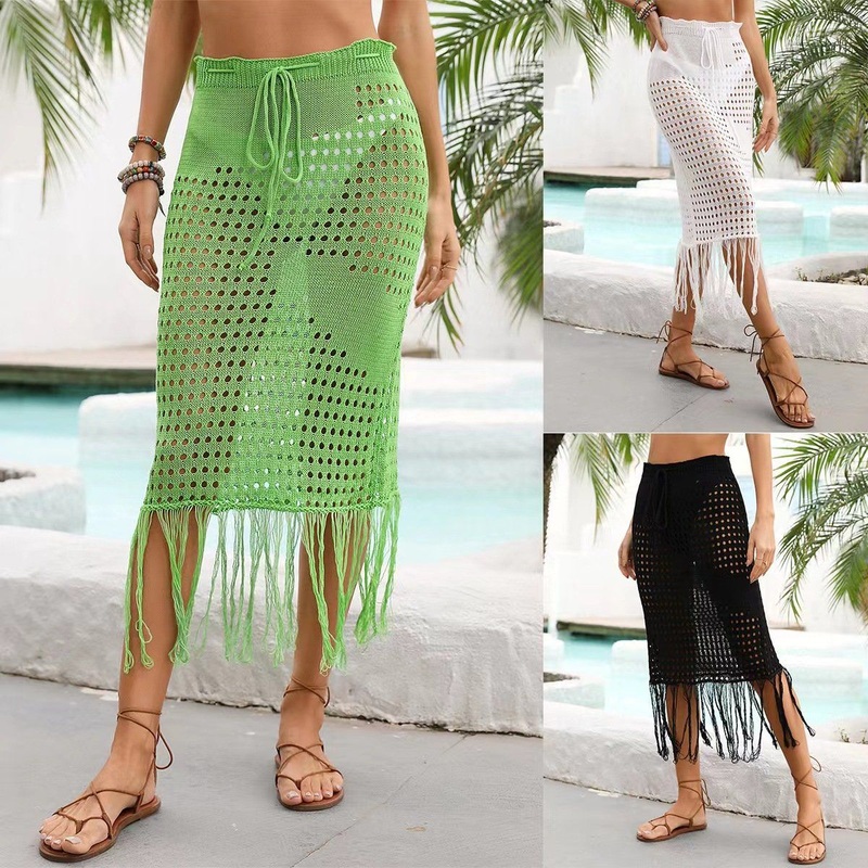 2024 Amazon Summer New Hollow Beach Shirt Bikini Fringe Beach Cover up Half Skirt Knitted Skirt for Women Cutout – Women Sweaters and Knitted Sweater price
