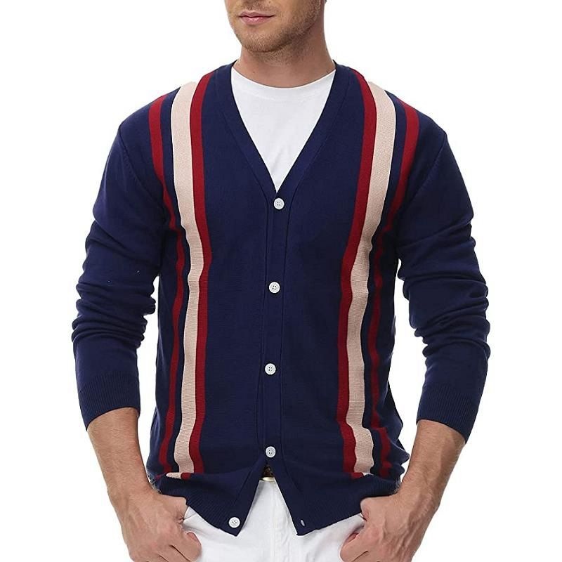 Cardigan Long Sleeve Sweater Stripwinter Warm V Neck Knitted Sweater – Sweater and Men Sweater price