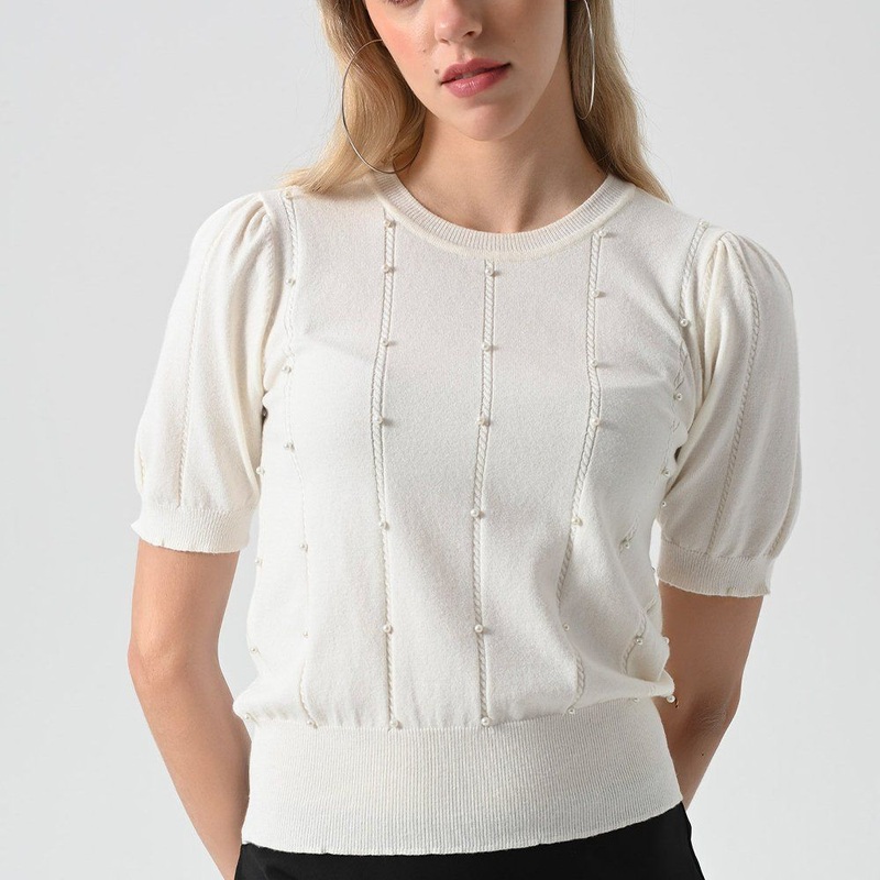 Casual Short Sleeve Crew Neck Beading Design Knitted Womens Sweaters Lady Elegant Oversized White Pearls Knitted Womens Sweaters – Cashmere Sweater and Sweater price
