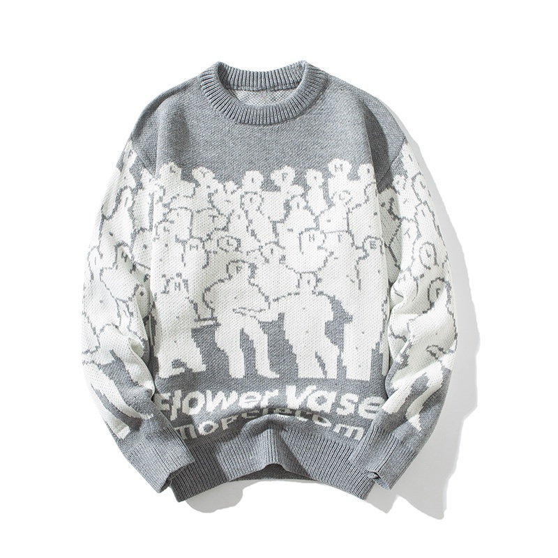 Custom Logo Jacquard Cartoon Pattern Custom Jumpers Printed Long Sleeve Black Fashion Cardigan Plus Size Oversized Men Unisex Knitted Knitwear Cotton Men Sweat – Woman Sweater and Winter Sweater price