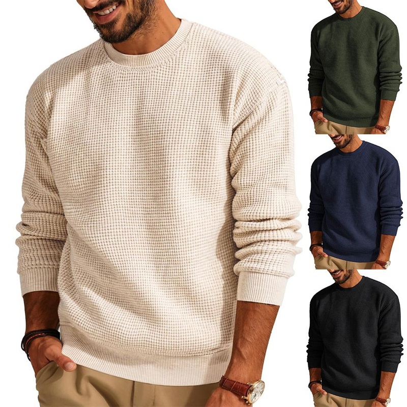 Men S Casual Winter Waffle Knit Crew Neck Pullover Comfortable New Solid Color Sweater with Front Logo – Sweater and Sweater with a Collar price|Shanghai, China
