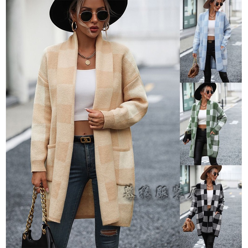 New Woman Coat Loose Plaid Color Knit Cardigan Sweater – Womens Sweater and Knit Sweater price