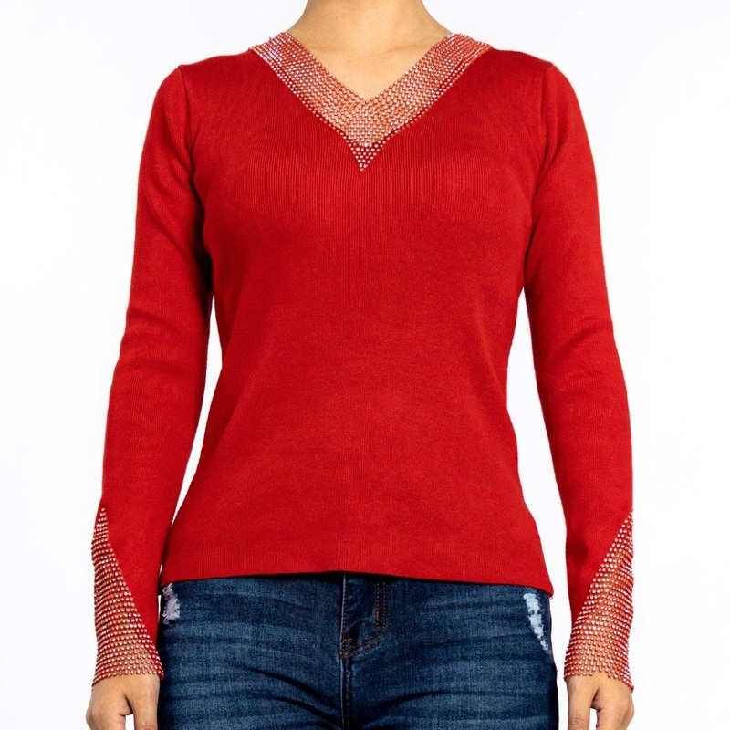 Spring Knitted Mesh Hot Rhinestone V-Neck Slim Long-Sleeved Pullover Red Sweaters for Women – Knitwear and Knit Top price