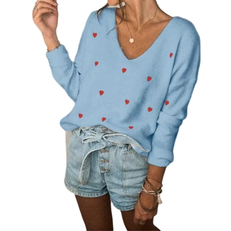 Spring Valentines Day Pullover Long Sleeved Love Heart V-Neck Jacquard Knitted Sweater – V-Neck Jacquard Sweater and Valentine Sweater price