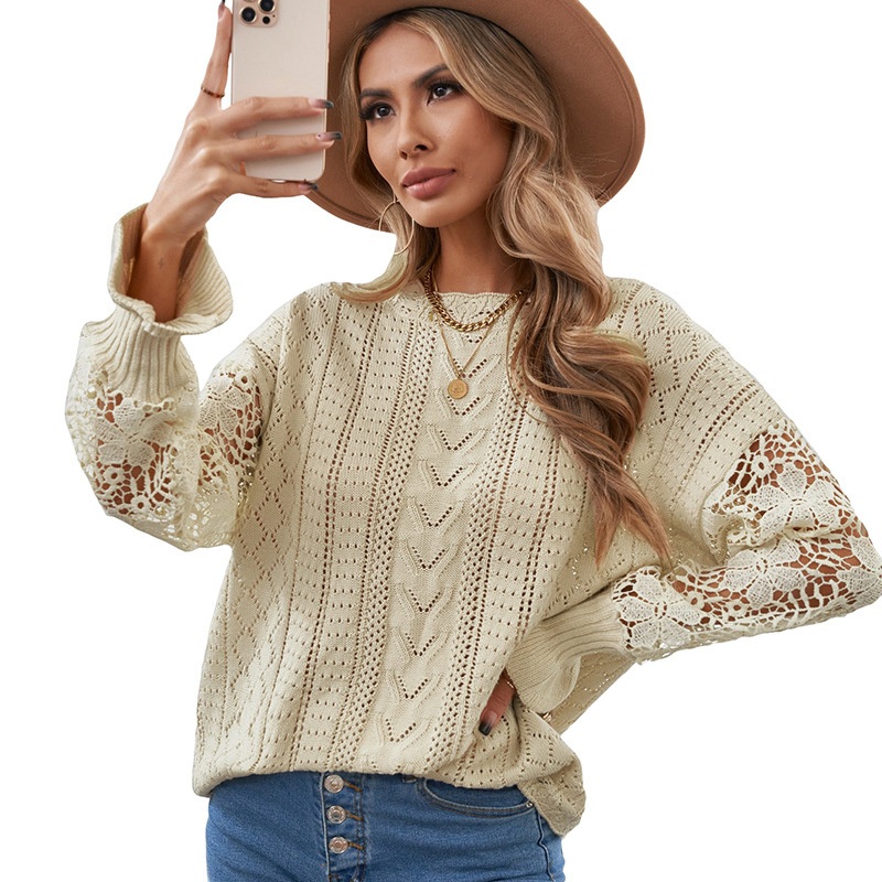 Spring Women O-Neck Casual Oversized Lace Knit Pullover Sweater – Design Sweater and Custom Knit Sweater price