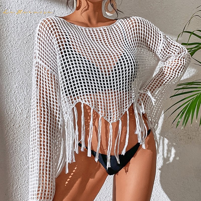 Summer Pullover Tassel Short Sunscreen Top Bikini Cover-UPS Lady Holiday Beach Hollow out Swimwear Cover-up – Women Dress and Summer Dress price