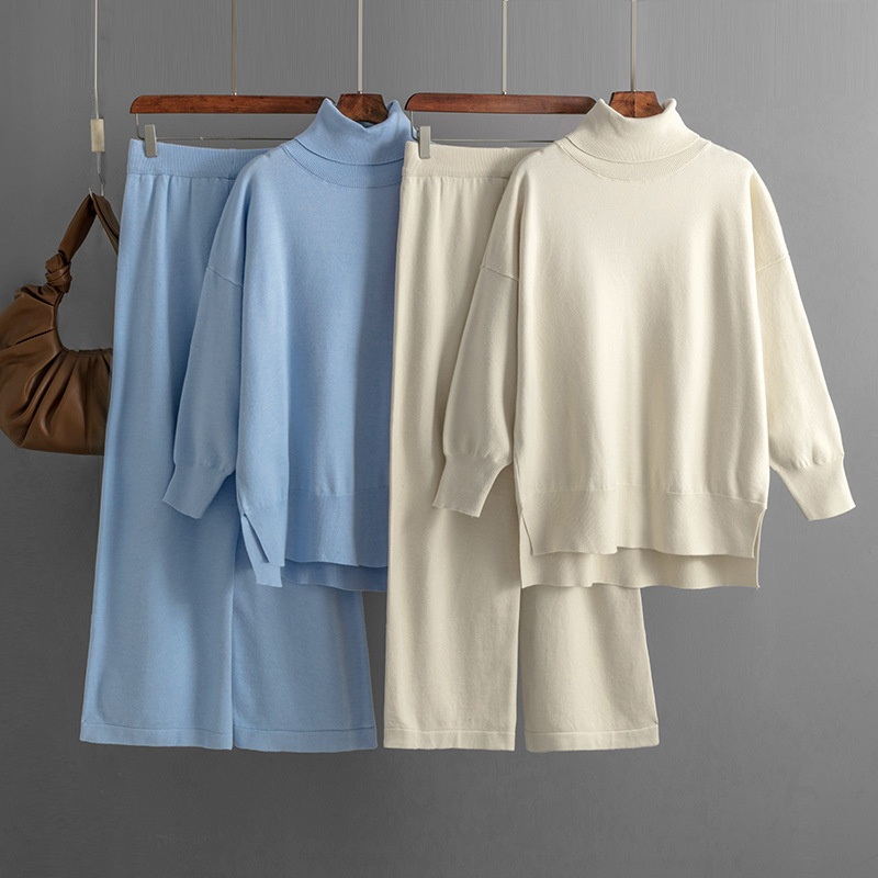 Turtleneck Autumn Winter Female Solid Color Slit Knitwear Clothing Knit Pants Trousers Loose Long Casual Sweater Set – Women Sweater Set and Women Sweater price