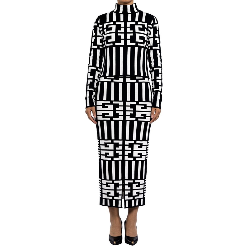 Womens Black and White Geometric Print Pullover Knitted Long Sweater Skirt Set – Women Sweater and Pullover Sweater price