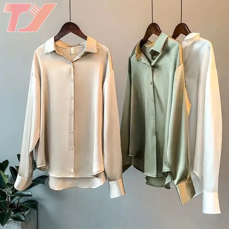 Womens Long Sleeved Satin New Fashion Drape Top Retro Style Lapel Button Casual Shirt – Womens Shirt and Satin Shirt price