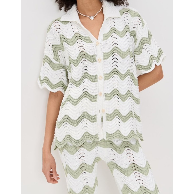 Womens MID Weight Ribbed Pointelle Knit Wavy Stripe Pattern Short Sleeves Crochet Top, with Collared Neck and Button Placket – Crochet Top and Ribbed Pointelle Knit Top price