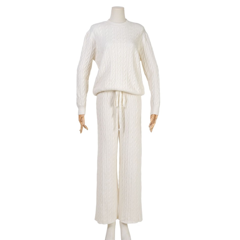 Beige Color Cable Knit Pattern Top and Knit Long Pants One Set Women Sweater – Knitted Sweater Set and Womens Jacquard Knit Set price