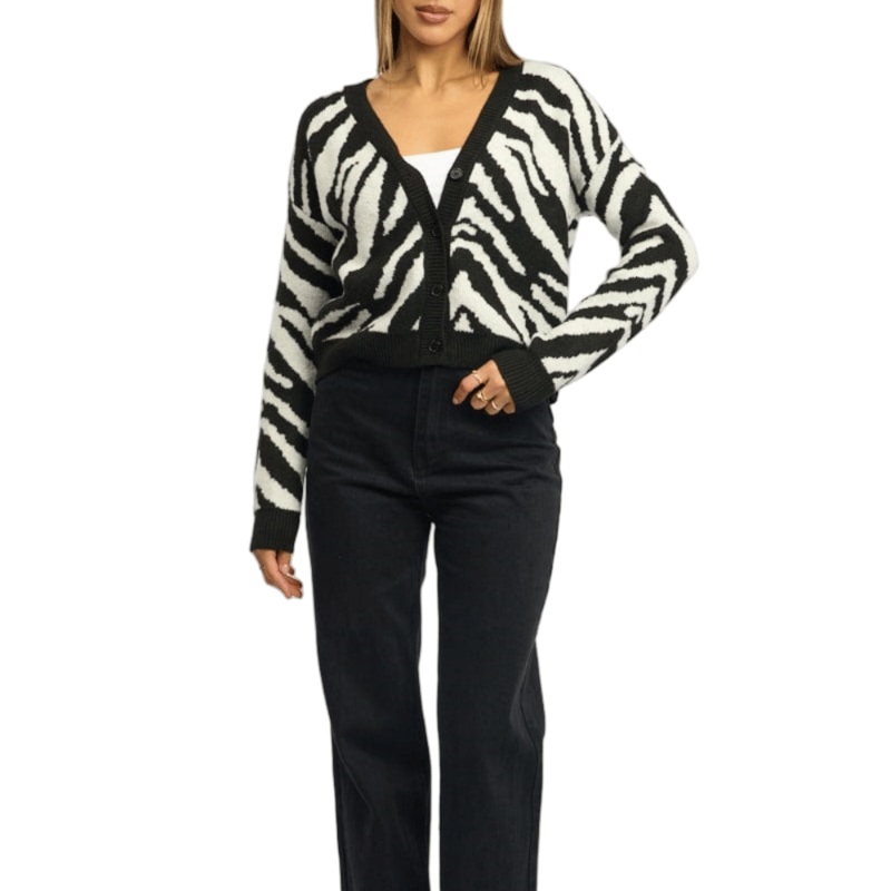 Fashion Black Zebra Jacquard Patterned Crop Cardigan Sweater for Women – Womens Clothing and Jacquard Sweater price