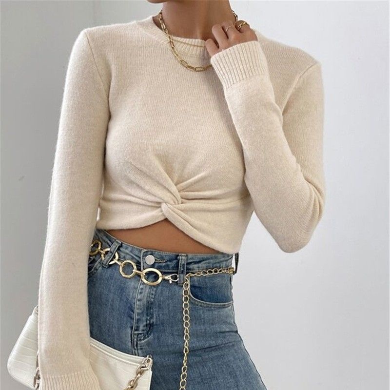 Fashion Round Neck Knit Top Women Slim Sweater Trendy Twist Design Basic Layering Piece – Sweater and Pullover price